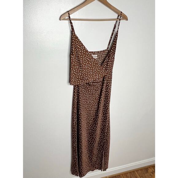Urban Outfitters Womens Midi Slip Dress Large Brown Satin Polka Dot Front Slit - Picture 4 of 12